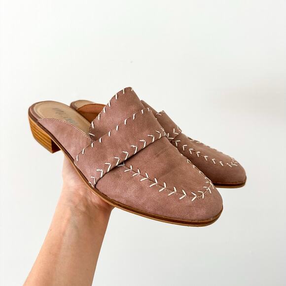 Mi.im Leather Stitching Low Block Heel Slip On Mule Sandals Pink/Tan 7.5 - Picture 1 of 6